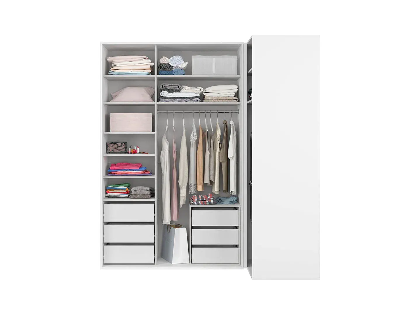 Modularni ormar Flex kutna s ogledalom bijeli sjaj — lifestyle prikaz