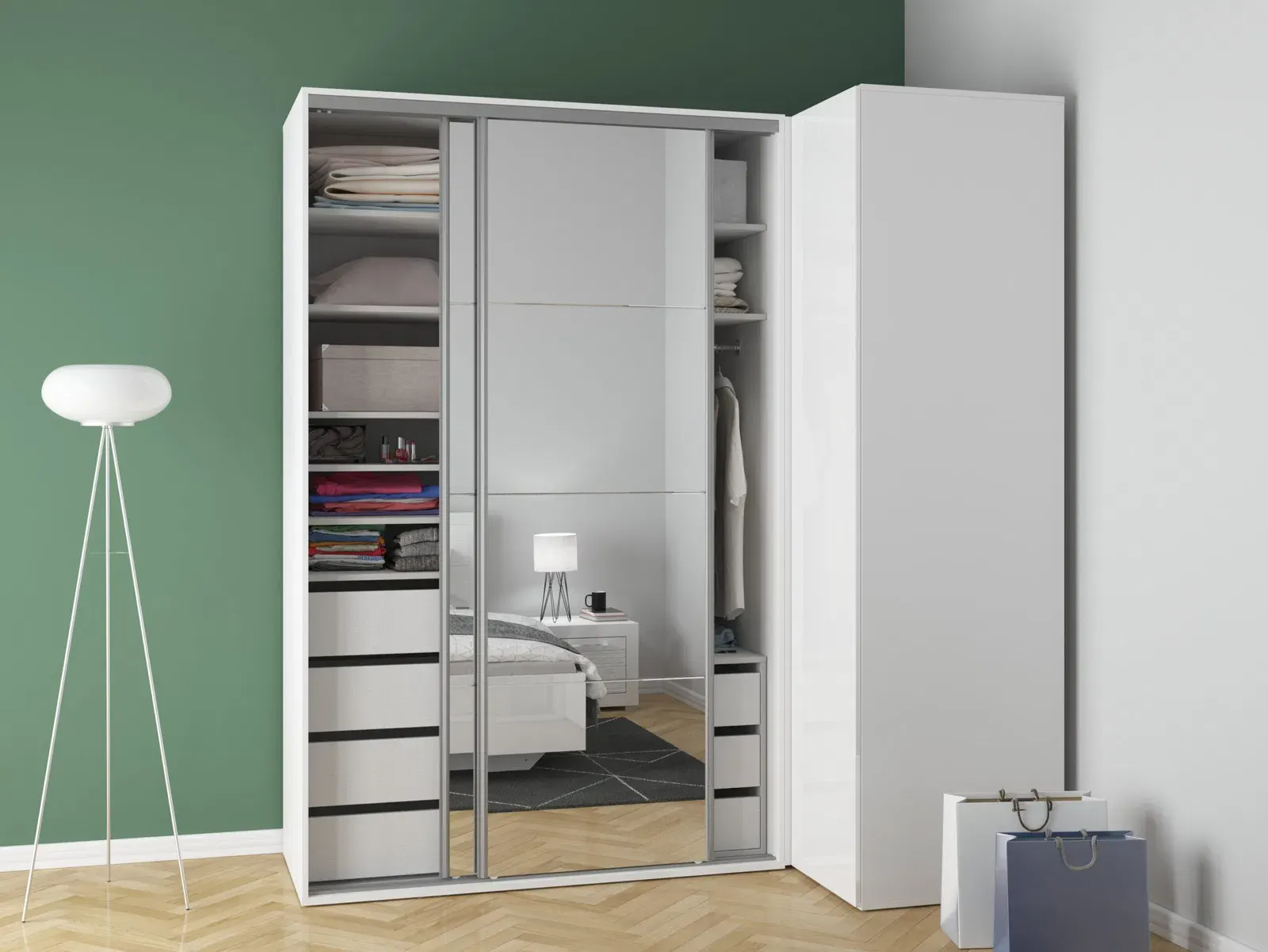 Modularni ormar Flex kutna s ogledalom bijeli sjaj — slika 8