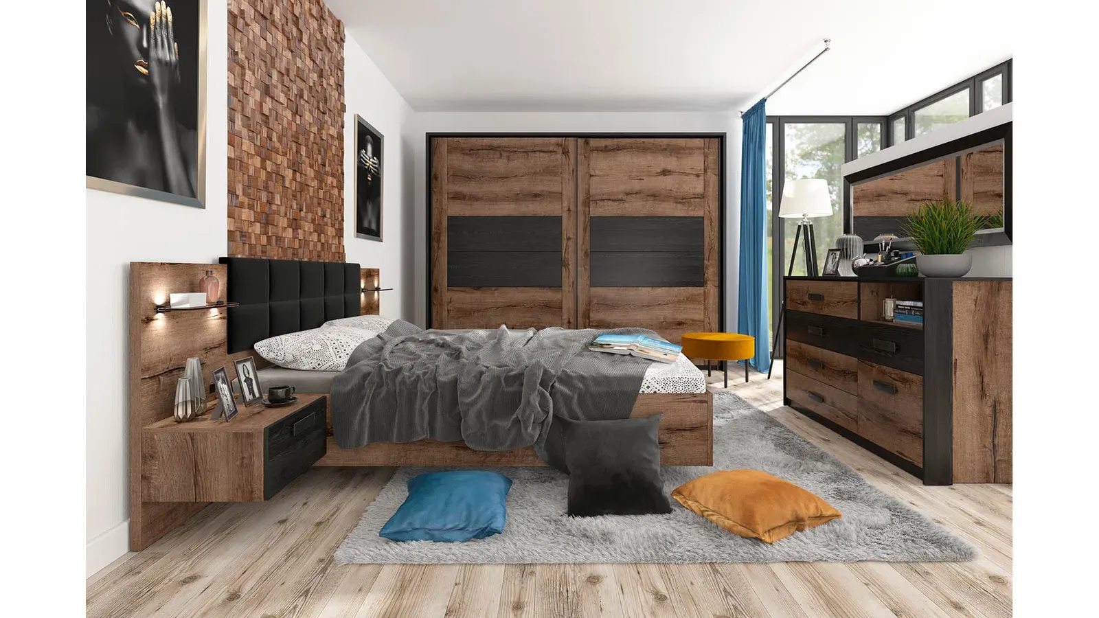 Krevet Kassel s ležištem i pretincem i 2 s noćnim ormarićima hrast tamni — lifestyle prikaz