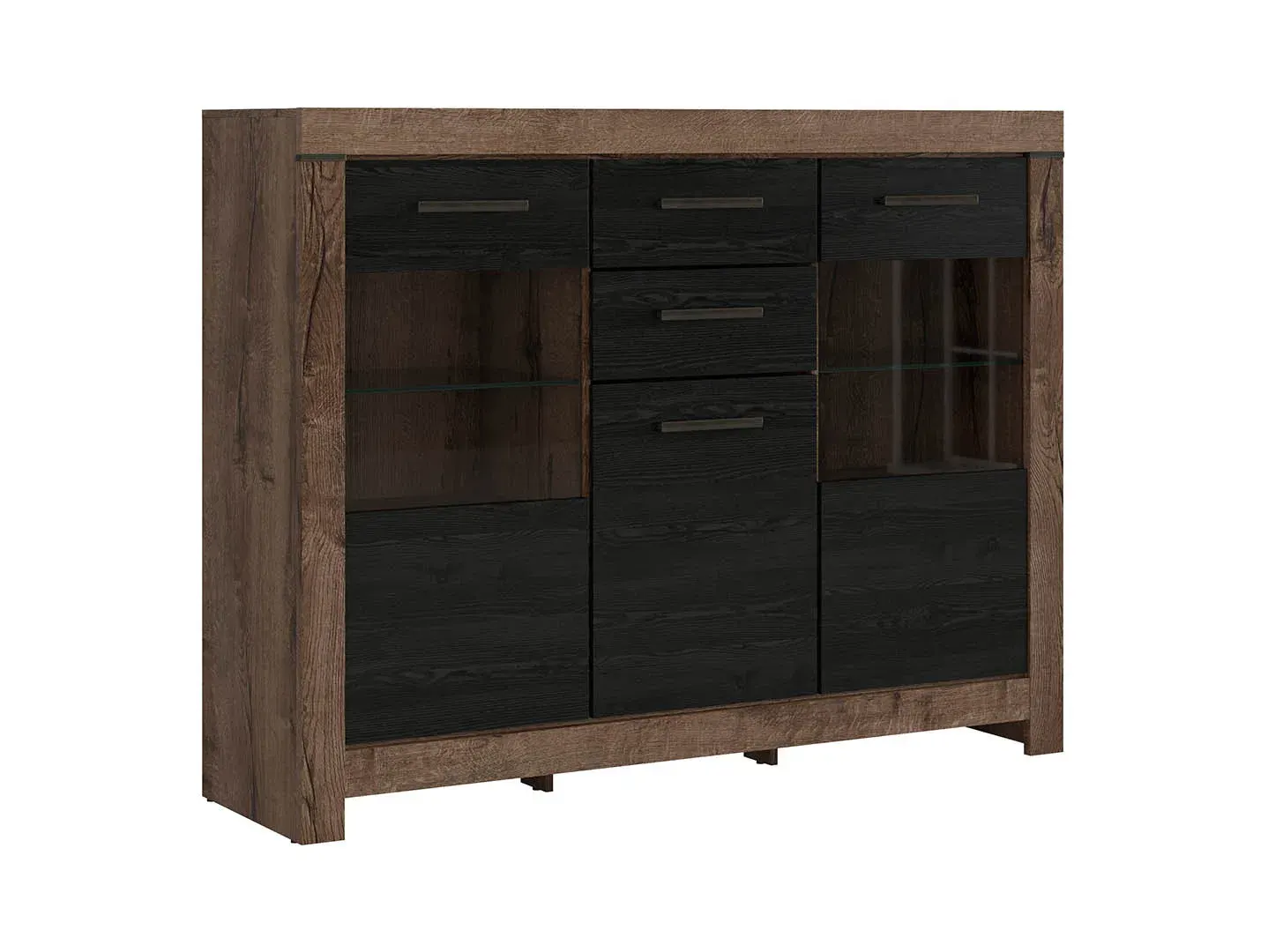 Komoda Balin vitrina s 3 vratima i 2 ladicama hrast tamni/hrast crna