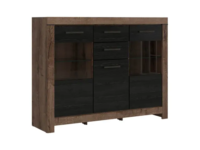 Komoda Balin vitrina s 3 vratima i 2 ladicama hrast tamni/hrast crna