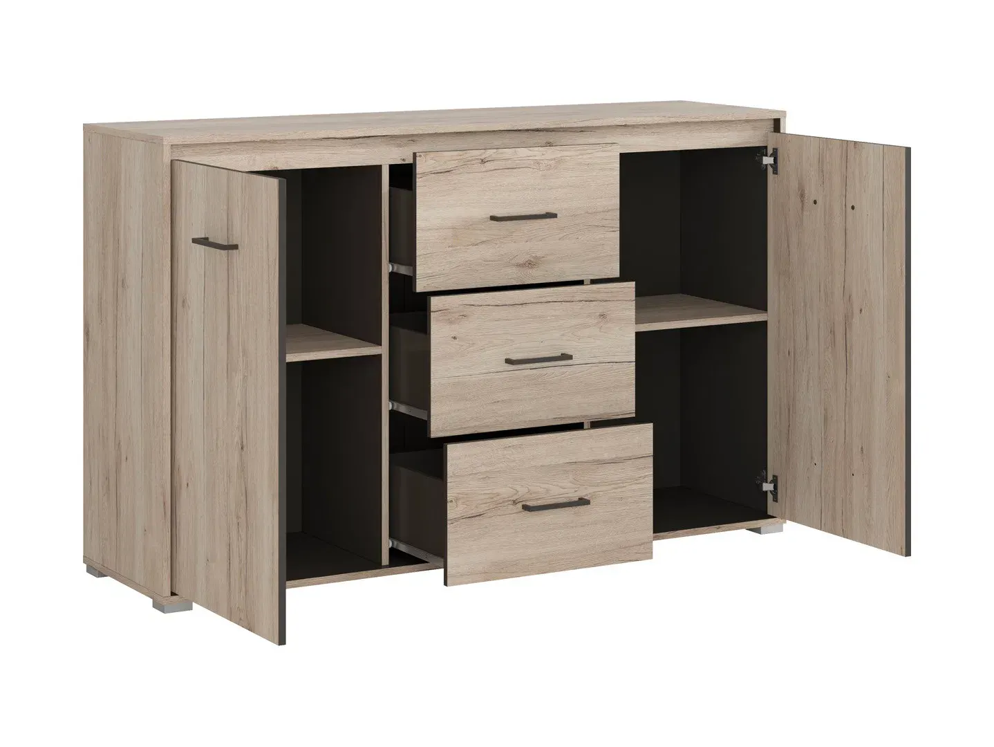 Komoda Ronse s 2 vratima i 3 ladicama hrast San Remo jasny — detalj