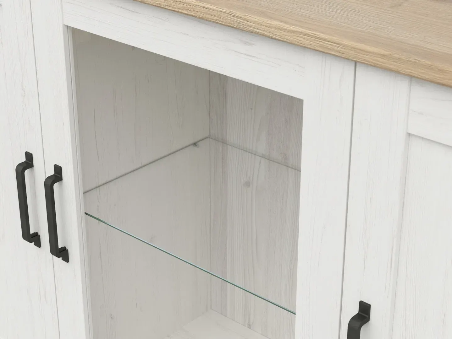 Vitrina Loksa s 3 vratima sosna andersen bijela — lifestyle prikaz