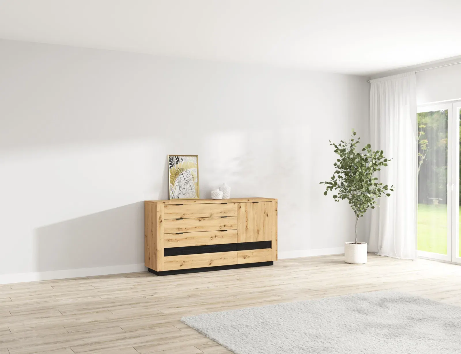 Komoda Ostia s vratima i 4 ladicama hrast artisan/hrast crna — slika 10
