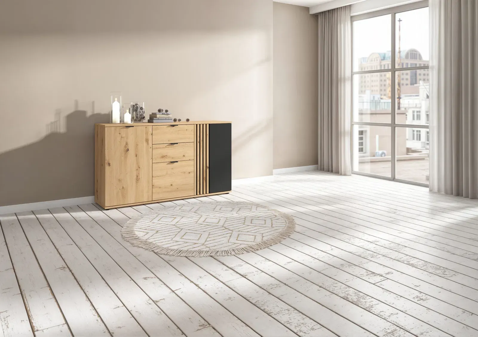 Komoda Vabres s 3 vratima i 2 ladicama hrast artisan lamele — lifestyle prikaz