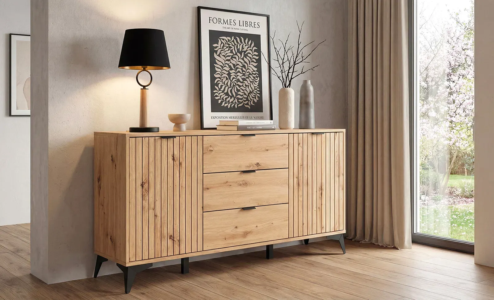 Komoda Lamea s 2 vratima i 3 ladicama hrast artisan — bočni prikaz
