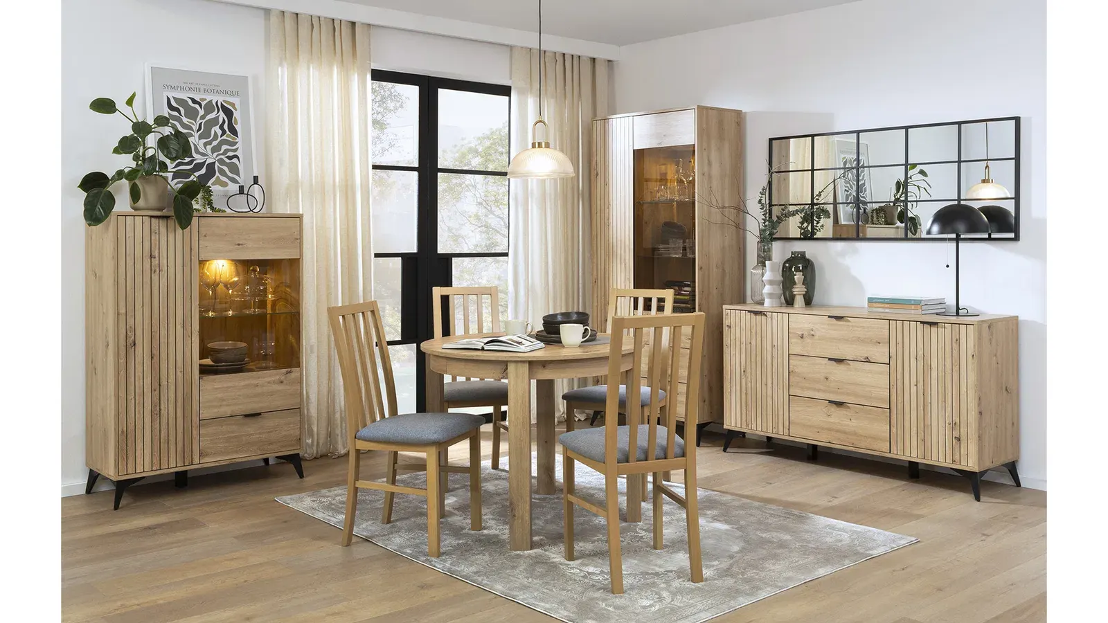 Vitrina wysoka Lamea s vratima hrast artisan — lifestyle prikaz