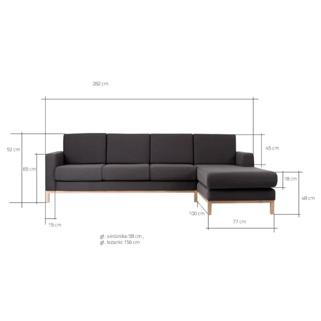 Trosjed kutna desna sofa SCANDIC, Carbon 282×164×90