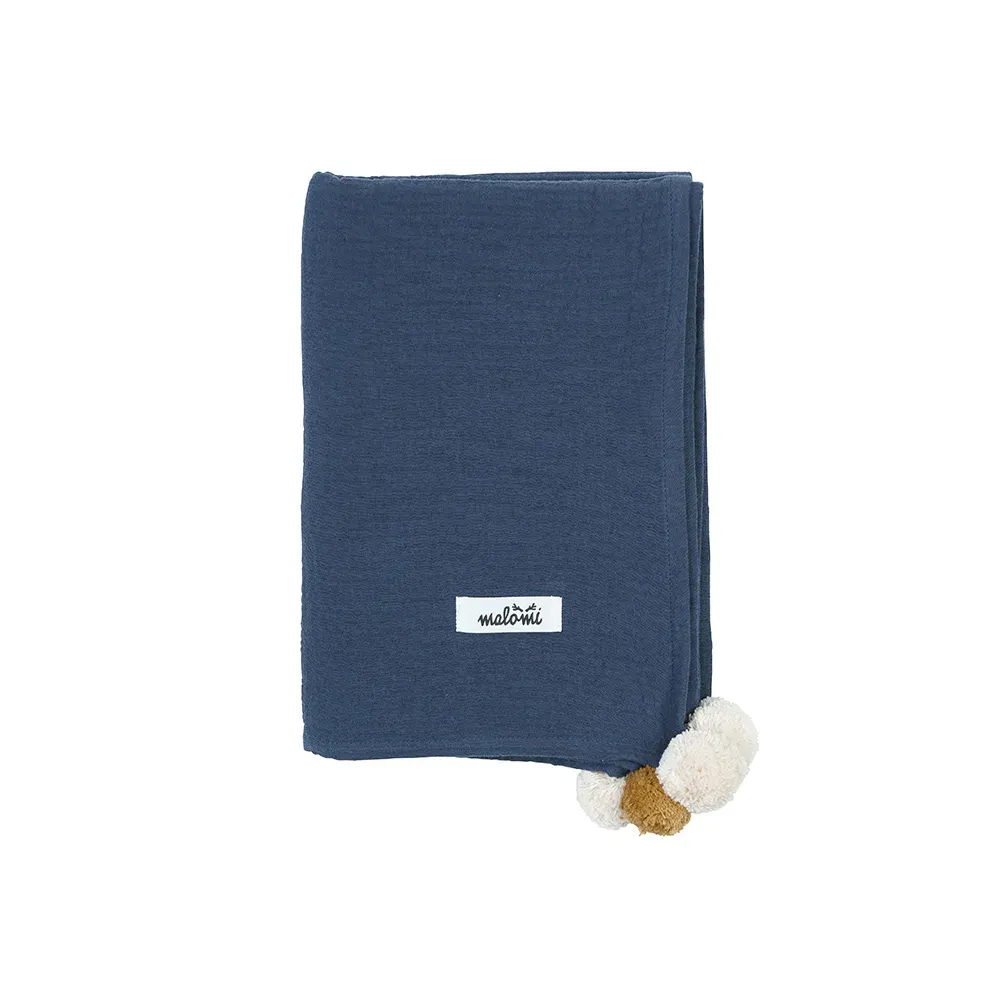 Muslin Swaddle Pompon Dark Blue