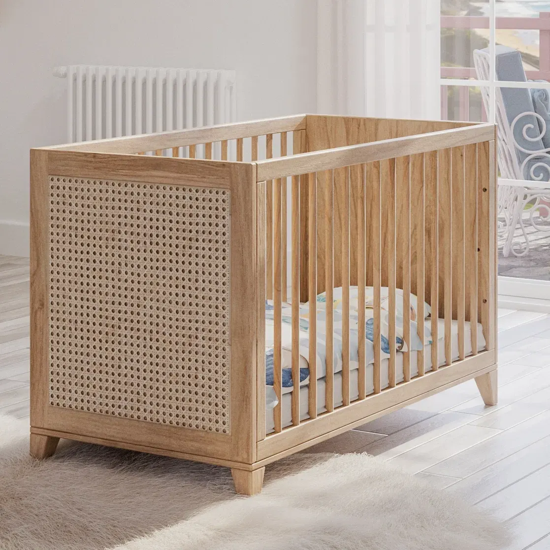 Dječji krevetić, Nami drvo 60×120, prirodni ratan — bočni prikaz